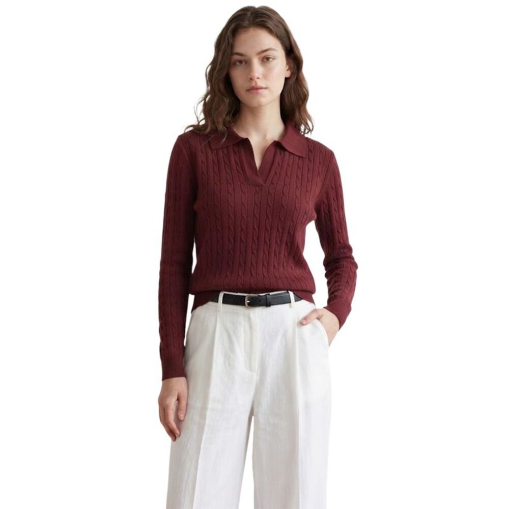 Women's Cable V Neck Polo Sweater Long Sleeve Fall Winter Top Burgundy